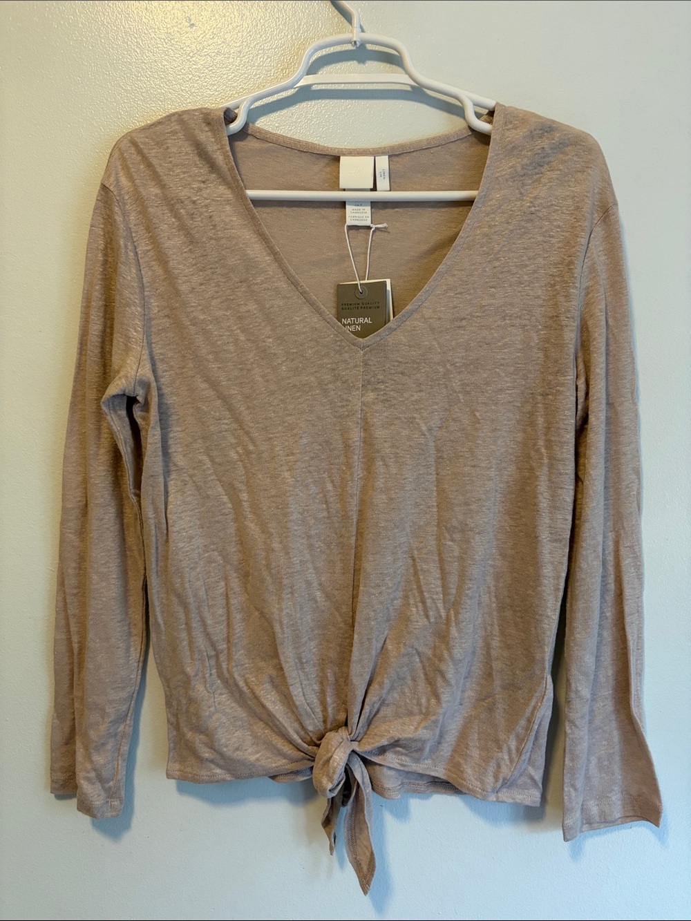 H&M Women's Tie-Front V-Neck Long Sleeve Top - Natural Linen - Taupe